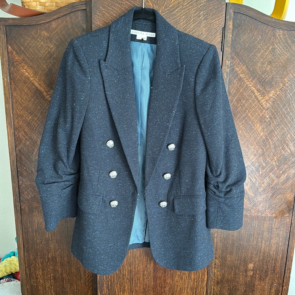 Veronica Beard Navy Speckled Beacon Dickey Blazer with Silver Buttons